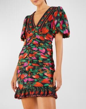 Farm Rio Lady Strawberry Mini Dress Womens Small Black Red Ruched Puff Sleeve